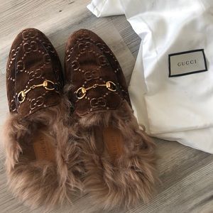 Gucci Princetown Horsebit Fur Logo Jacquard